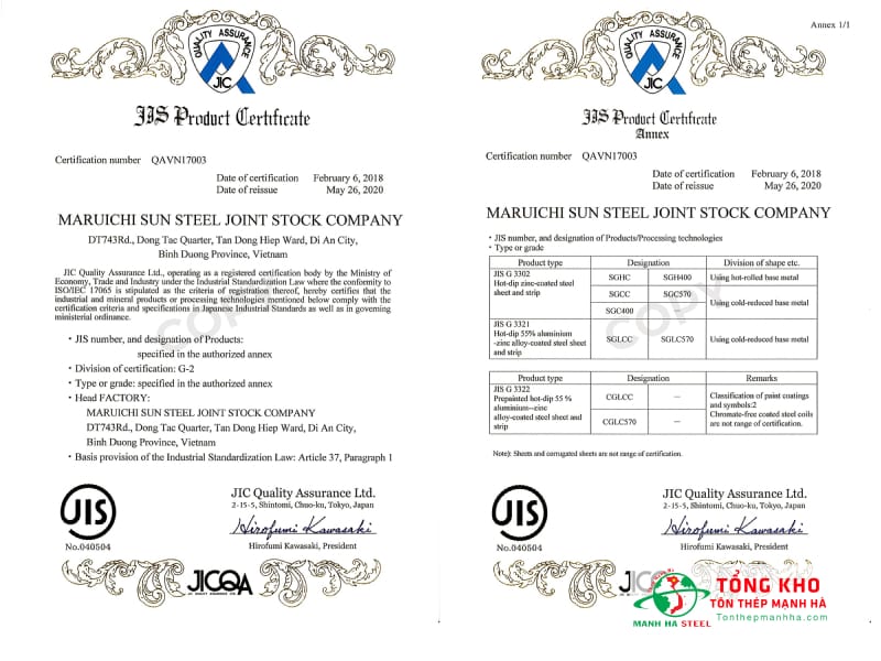 Chứng nhận chất lượng JIS sản phẩm tôn Sunco