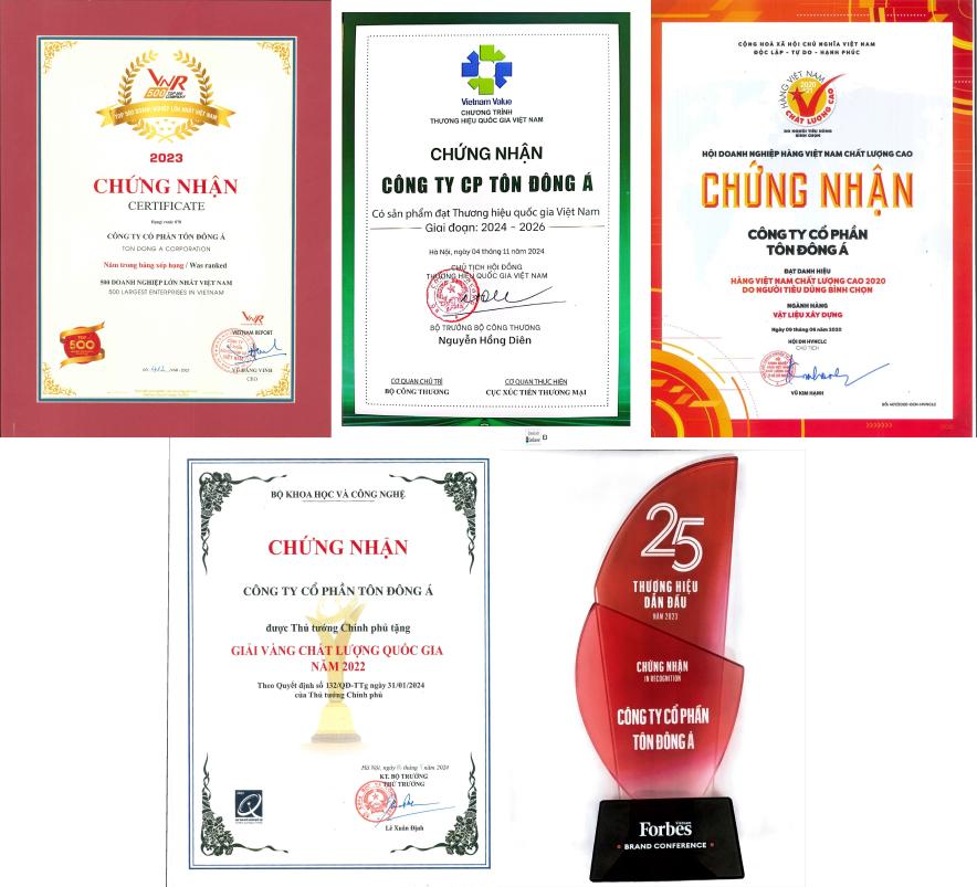 Các giải thưởng công ty Tôn Đông Á đã đạt được