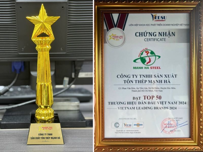 Chứng nhận Tôn Thép Mạnh Hà đạt Top 50 Thương hiệu dẫn đầu Việt Nam năm 2024