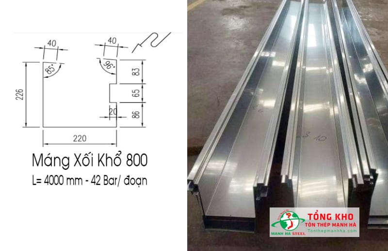 Kích thước máng xối thu nước inox U800